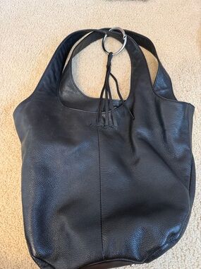 Elizabeth and James Black Leather Tote Bag with Ring Accent